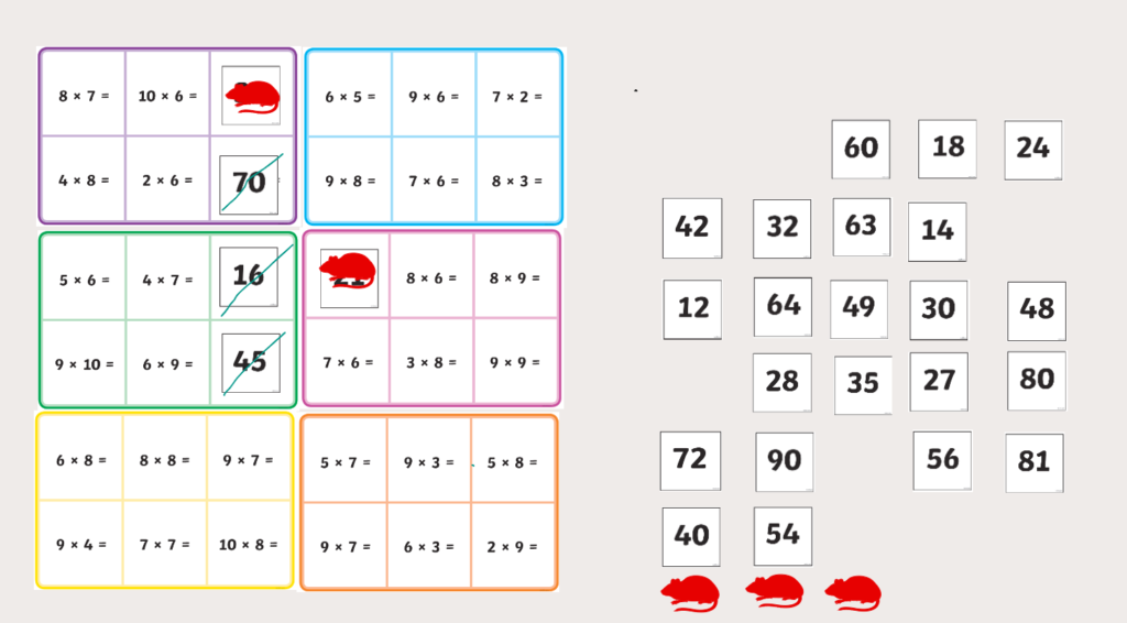 Coloured cards with times table number facts 3 green answers in a column has won the game.