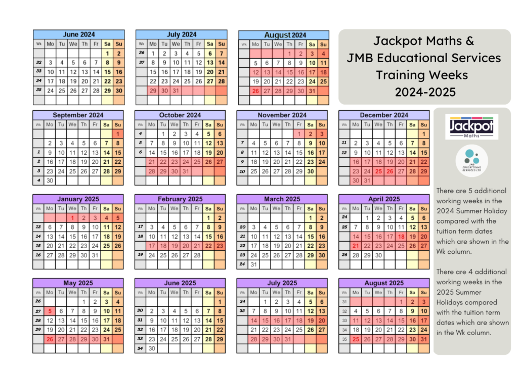 Jackpot Maths & 
JMB Educational Services 
Training Weeks  
2024-2025